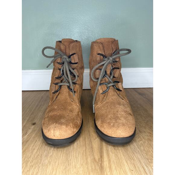 Sorel Joan of Arctic Women’s 5 Lace Up wedge Boots Brown Raw Suede Leather - Picture 2 of 8